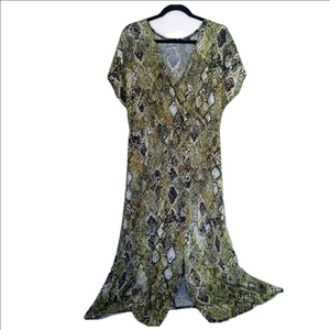 Bella Flore Maxi Chest Wrap Dress Green Brown White Slit Cap Sleeve Plus Size 2X